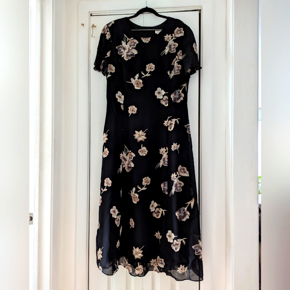 Vintage 90s Talbot's Whimsigoth Black Floral Print Maxi Dress Size 14